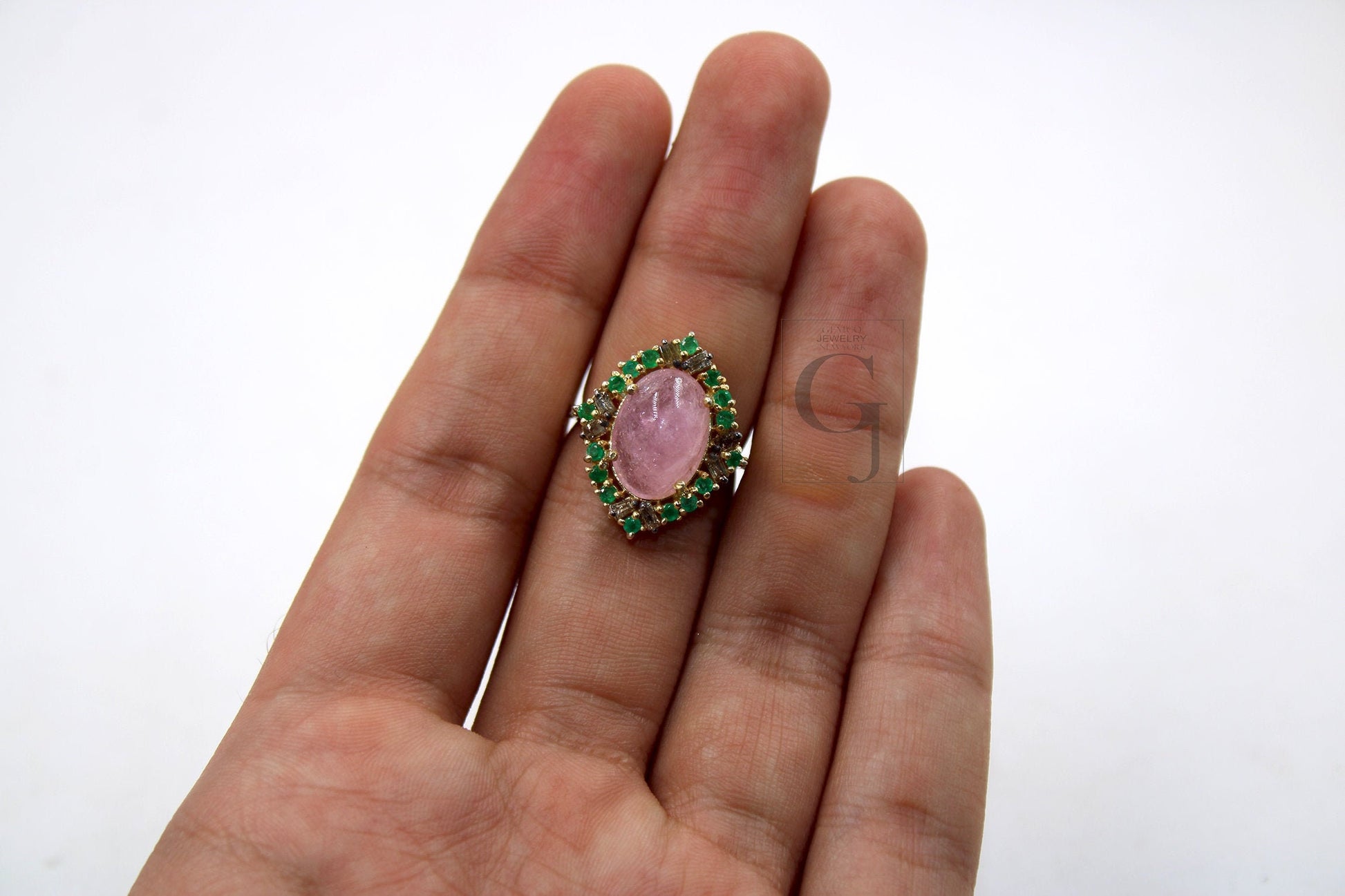 Beautiful 14k Gold Finish Pink Tourmaline Ring Designer Rosecut Pave Diamond Rings 925 Sterling Silver Handmade Silver Finish Diamond Ring