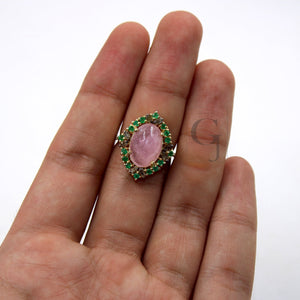 Beautiful 14k Gold Finish Pink Tourmaline Ring Designer Rosecut Pave Diamond Rings 925 Sterling Silver Handmade Silver Finish Diamond Ring