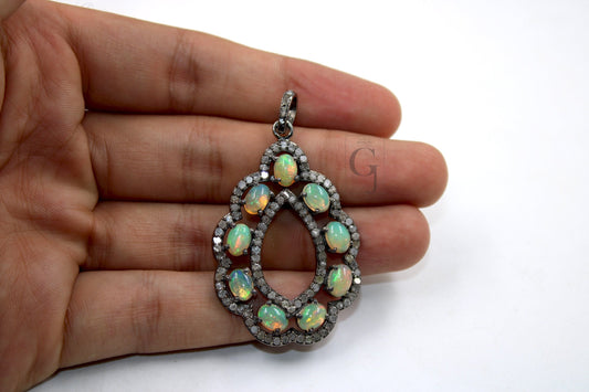 Very Beautiful Fire Natural Opal Pendant Rosecut Pave Diamond Pendant Sterling Silver Handmade Finish Diamond Charms Necklace Pendant