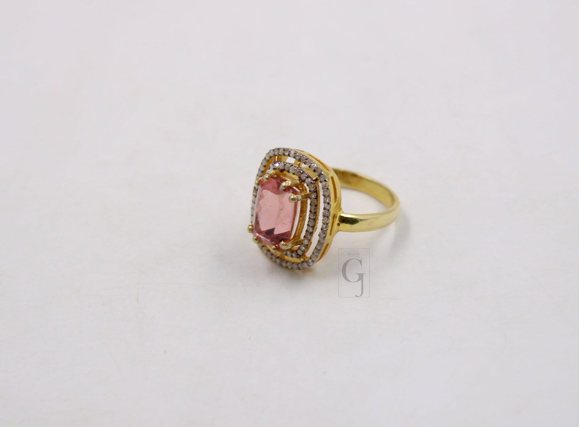 14k Gold Finish Beautiful Pink Tourmaline Ring Designer Rosecut Pave Diamond Rings 925 Sterling Silver Handmade Silver Finish Diamond Ring