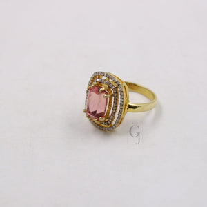 14k Gold Finish Beautiful Pink Tourmaline Ring Designer Rosecut Pave Diamond Rings 925 Sterling Silver Handmade Silver Finish Diamond Ring