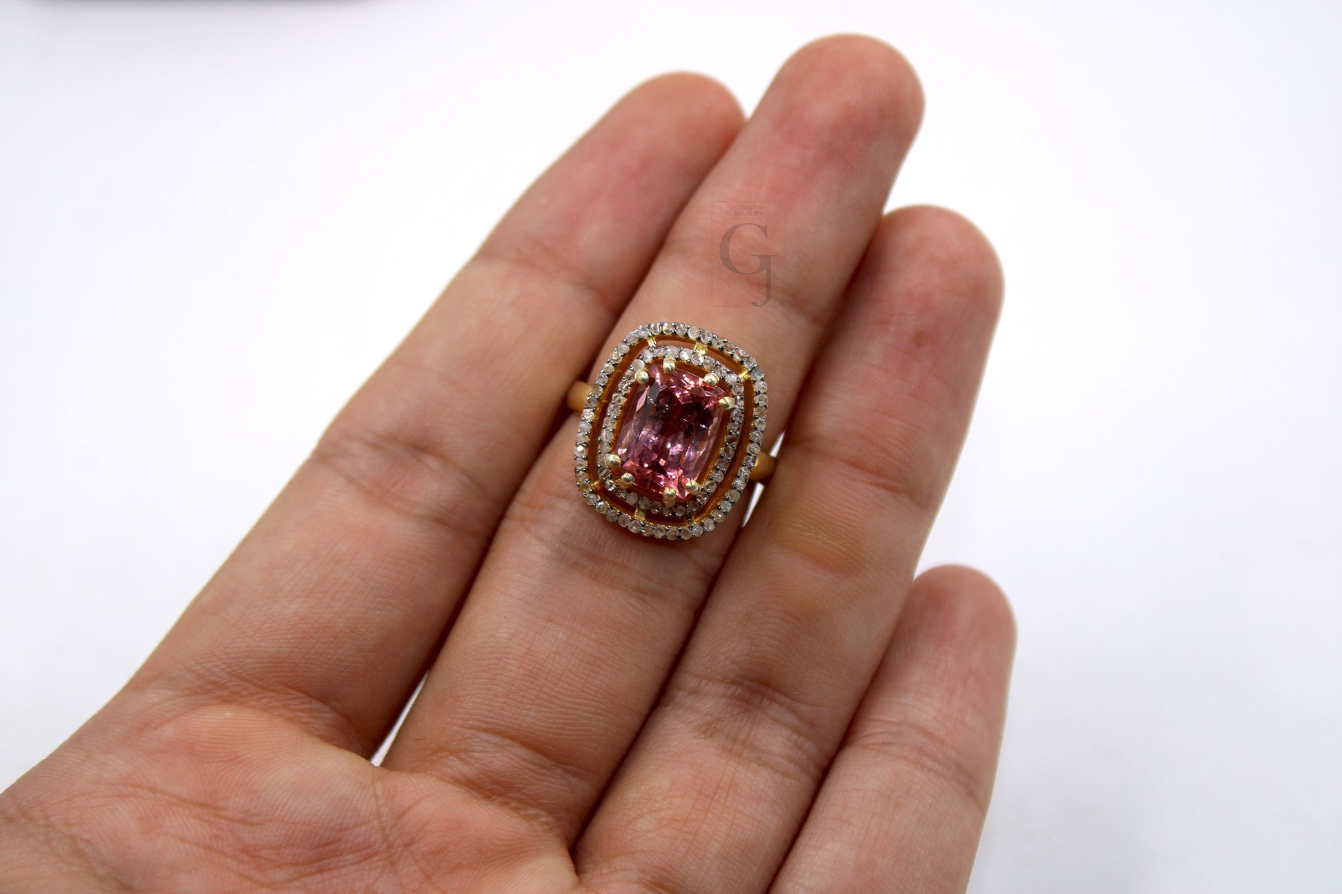 14k Gold Finish Beautiful Pink Tourmaline Ring Designer Rosecut Pave Diamond Rings 925 Sterling Silver Handmade Silver Finish Diamond Ring