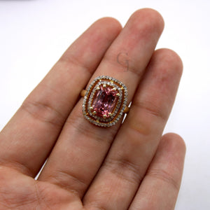 14k Gold Finish Beautiful Pink Tourmaline Ring Designer Rosecut Pave Diamond Rings 925 Sterling Silver Handmade Silver Finish Diamond Ring