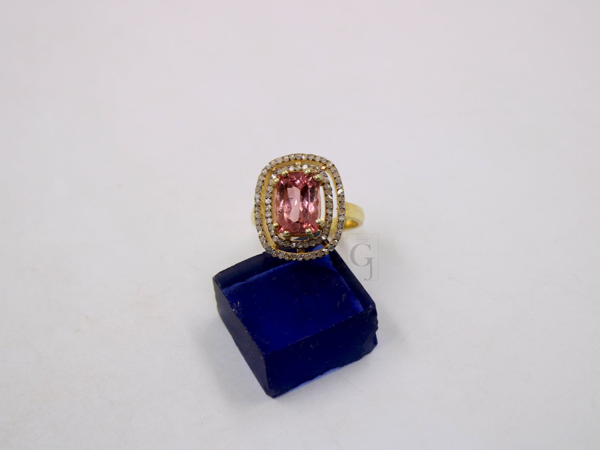 14k Gold Finish Beautiful Pink Tourmaline Ring Designer Rosecut Pave Diamond Rings 925 Sterling Silver Handmade Silver Finish Diamond Ring