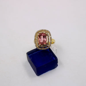 14k Gold Finish Beautiful Pink Tourmaline Ring Designer Rosecut Pave Diamond Rings 925 Sterling Silver Handmade Silver Finish Diamond Ring