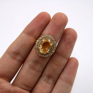 18k Gold Finish Baguette Designer Citrine Ring Rosecut Pave Diamond Rings 925 Sterling Silver Handmade Silver Finish Diamond Ring