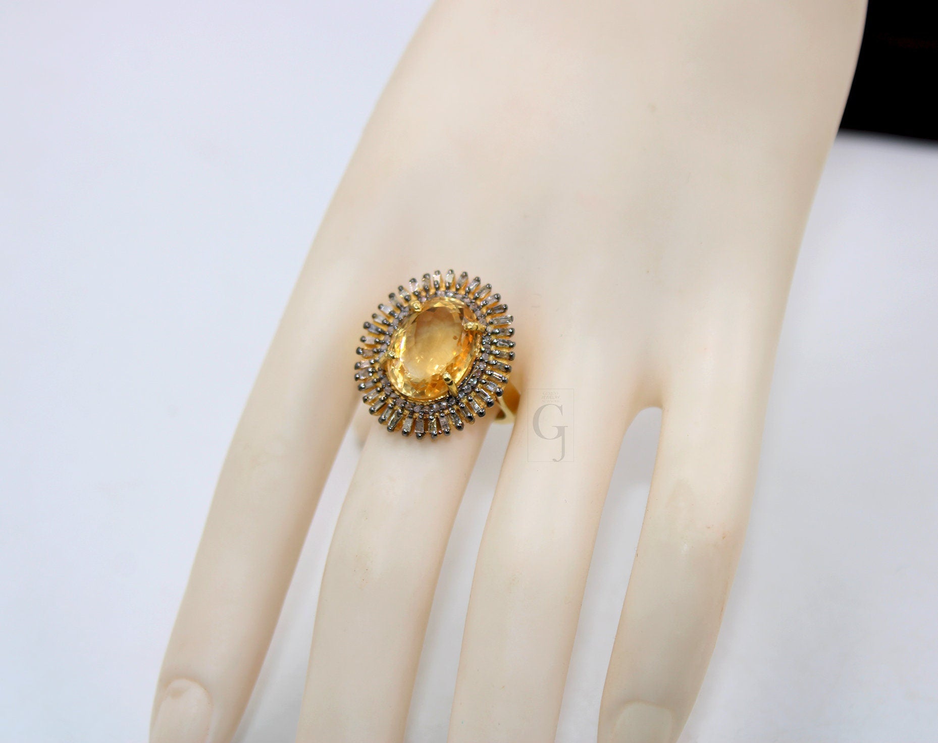 18k Gold Finish Baguette Designer Citrine Ring Rosecut Pave Diamond Rings 925 Sterling Silver Handmade Silver Finish Diamond Ring