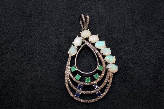 Beautiful Opal, Blue Sapphire, Emerald, Pendant Rosecut Pave Diamond Pendant Silver Handmade Finish Diamond Charms Necklace Pendant