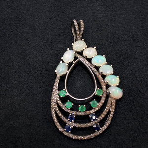 Beautiful Opal, Blue Sapphire, Emerald, Pendant Rosecut Pave Diamond Pendant Silver Handmade Finish Diamond Charms Necklace Pendant