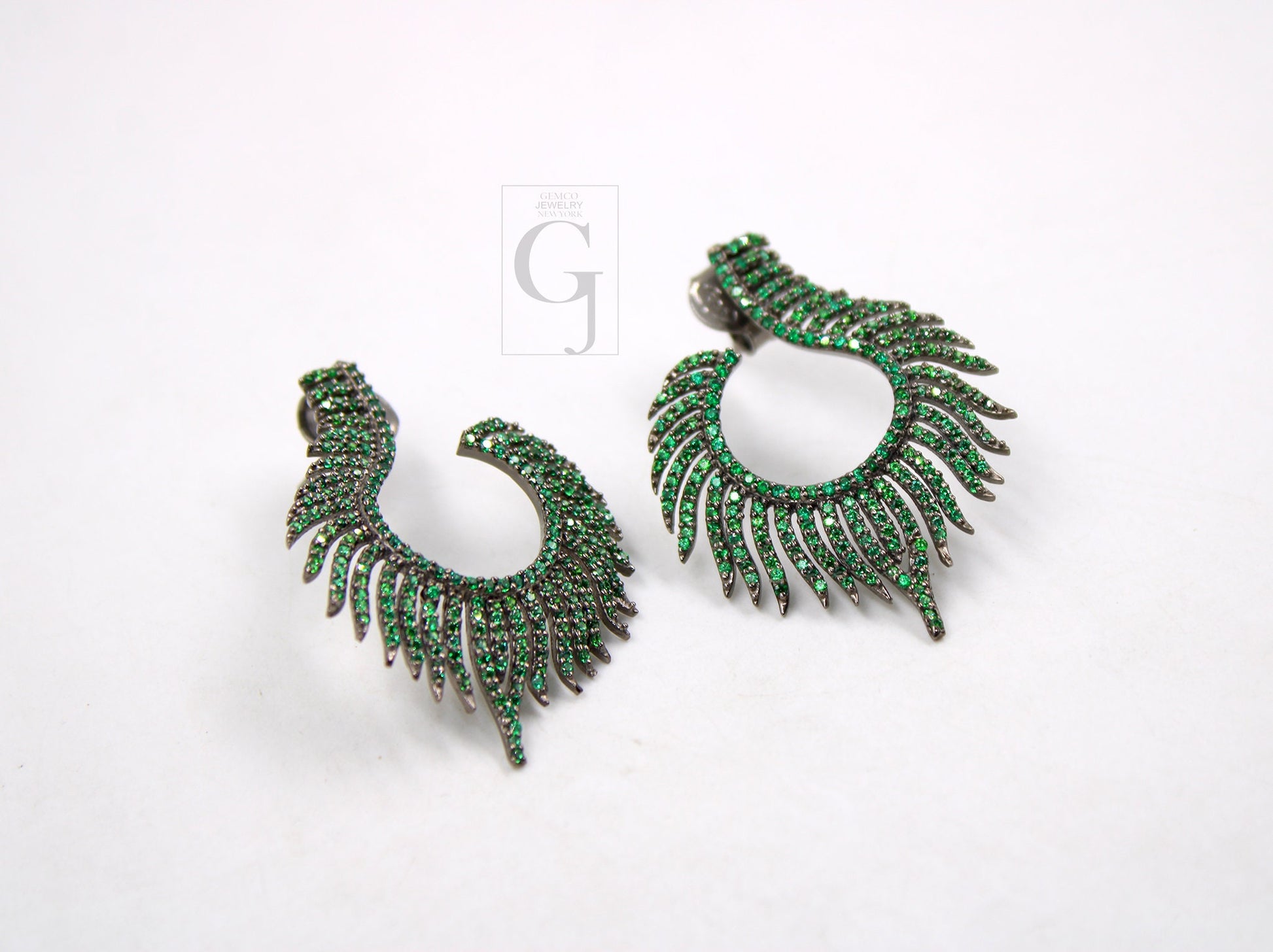 Nature inspired peacock feather style rosecut pave emerald earrings ,antique look sterling silver natural emerald beautiful earrings