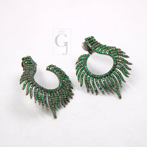 Nature inspired peacock feather style rosecut pave emerald earrings ,antique look sterling silver natural emerald beautiful earrings