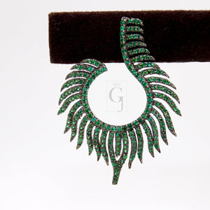 Nature inspired peacock feather style rosecut pave emerald earrings ,antique look sterling silver natural emerald beautiful earrings