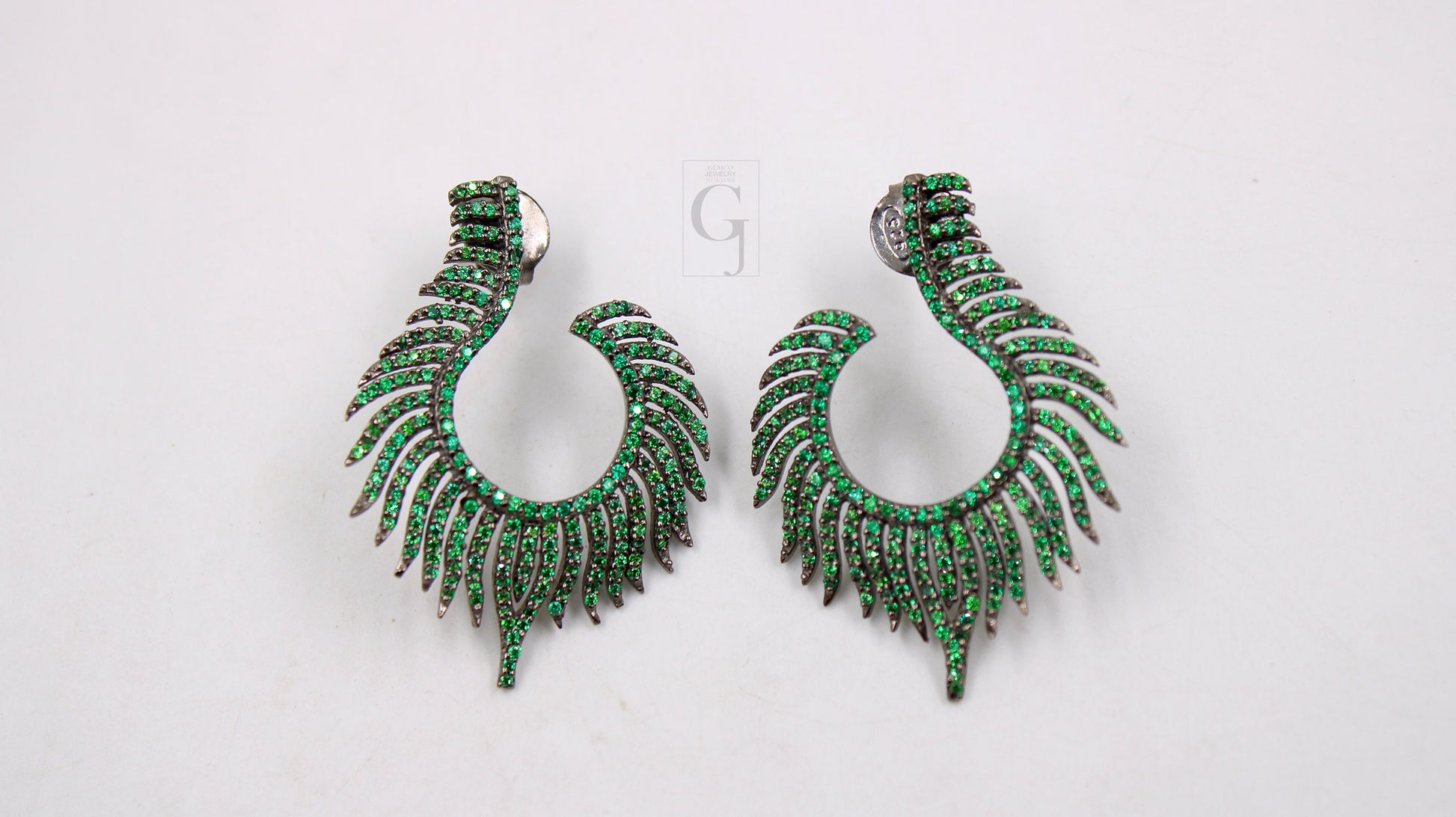 Nature inspired peacock feather style rosecut pave emerald earrings ,antique look sterling silver natural emerald beautiful earrings