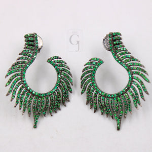 Nature inspired peacock feather style rosecut pave emerald earrings ,antique look sterling silver natural emerald beautiful earrings