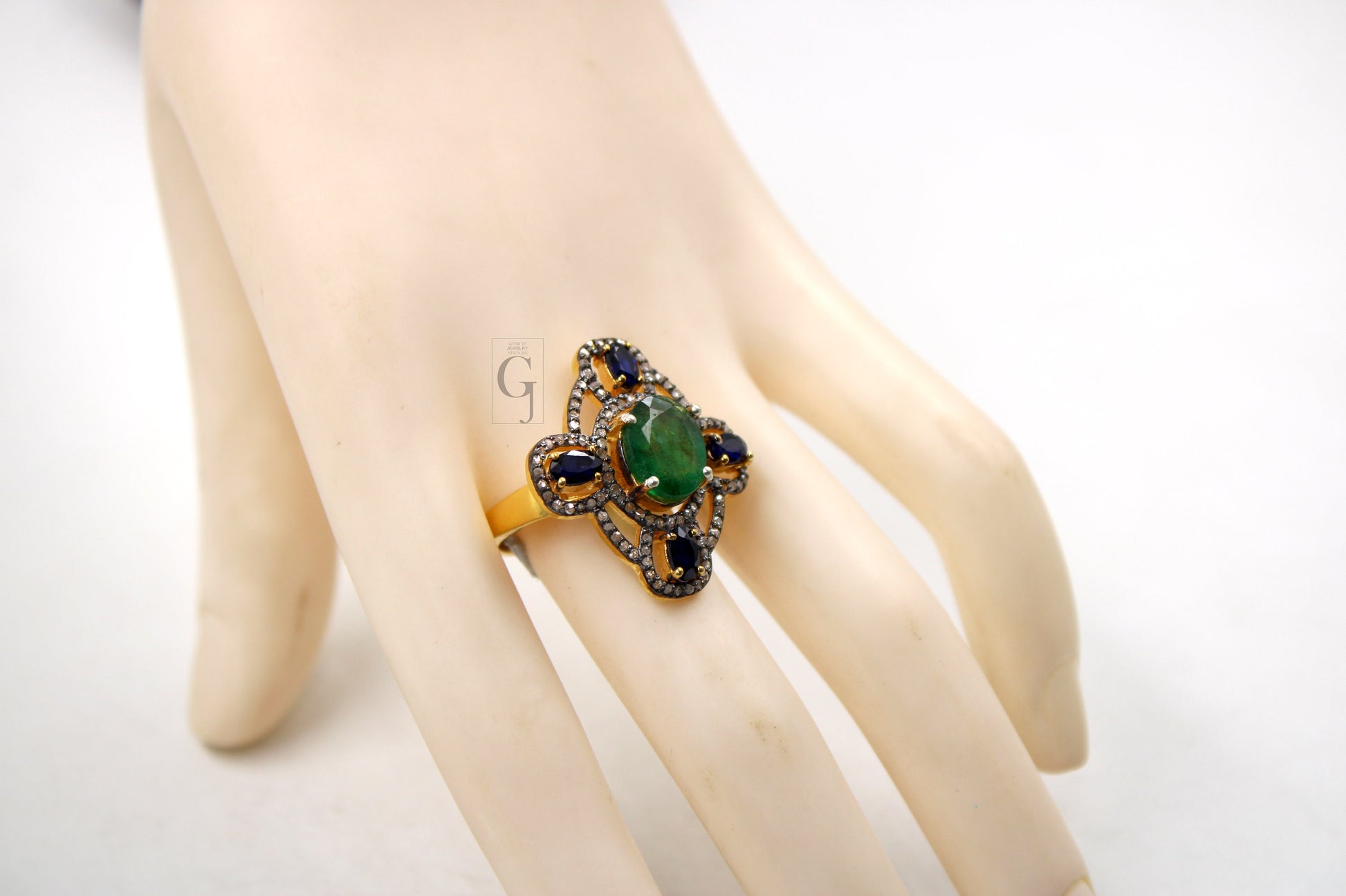 14k Gold Finish Emerald Sapphire Ring Designer Rosecut Pave Diamond Rings 925 Sterling Silver Handmade Silver Finish Diamond Ring