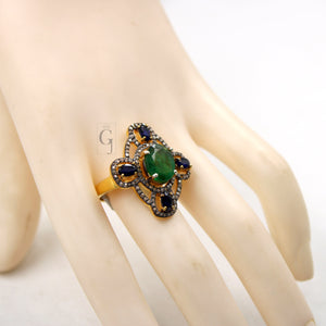 14k Gold Finish Emerald Sapphire Ring Designer Rosecut Pave Diamond Rings 925 Sterling Silver Handmade Silver Finish Diamond Ring