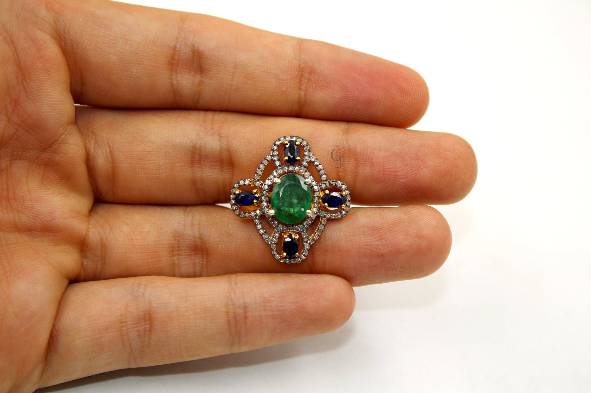 14k Gold Finish Emerald Sapphire Ring Designer Rosecut Pave Diamond Rings 925 Sterling Silver Handmade Silver Finish Diamond Ring