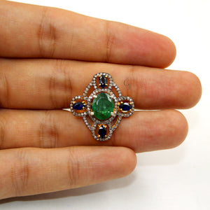 14k Gold Finish Emerald Sapphire Ring Designer Rosecut Pave Diamond Rings 925 Sterling Silver Handmade Silver Finish Diamond Ring