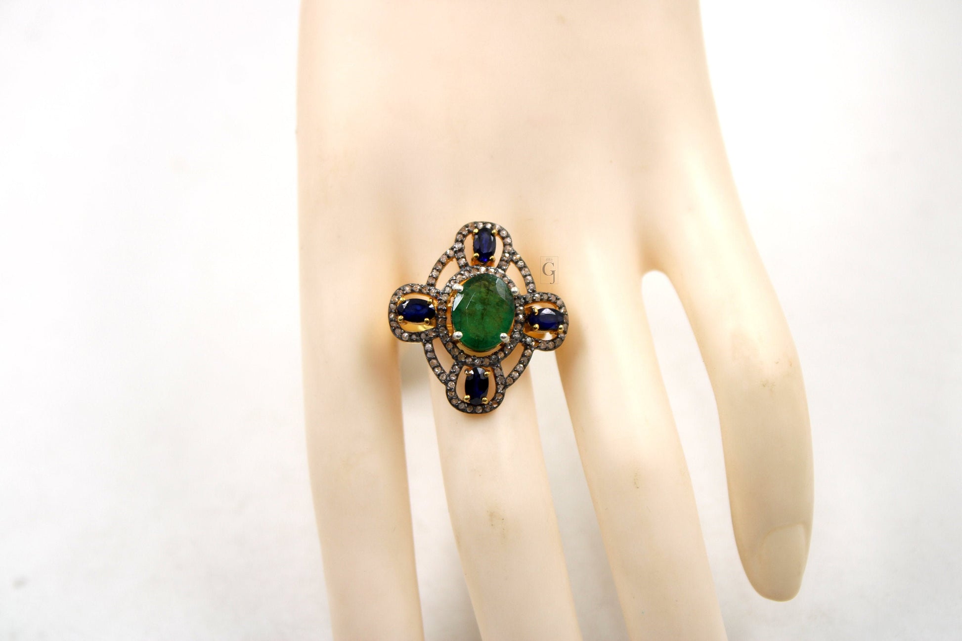 14k Gold Finish Emerald Sapphire Ring Designer Rosecut Pave Diamond Rings 925 Sterling Silver Handmade Silver Finish Diamond Ring