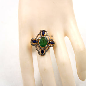 14k Gold Finish Emerald Sapphire Ring Designer Rosecut Pave Diamond Rings 925 Sterling Silver Handmade Silver Finish Diamond Ring