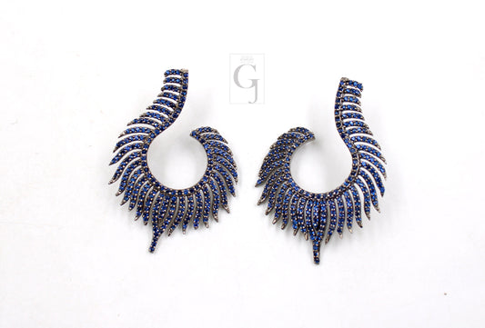 Nature Inspired Peacock Feather Style Rosecut Pave Blue Sapphire Earrings ,Antique Look Sterling Silver Natural Sapphire Beautiful Earrings