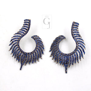 Nature Inspired Peacock Feather Style Rosecut Pave Blue Sapphire Earrings ,Antique Look Sterling Silver Natural Sapphire Beautiful Earrings