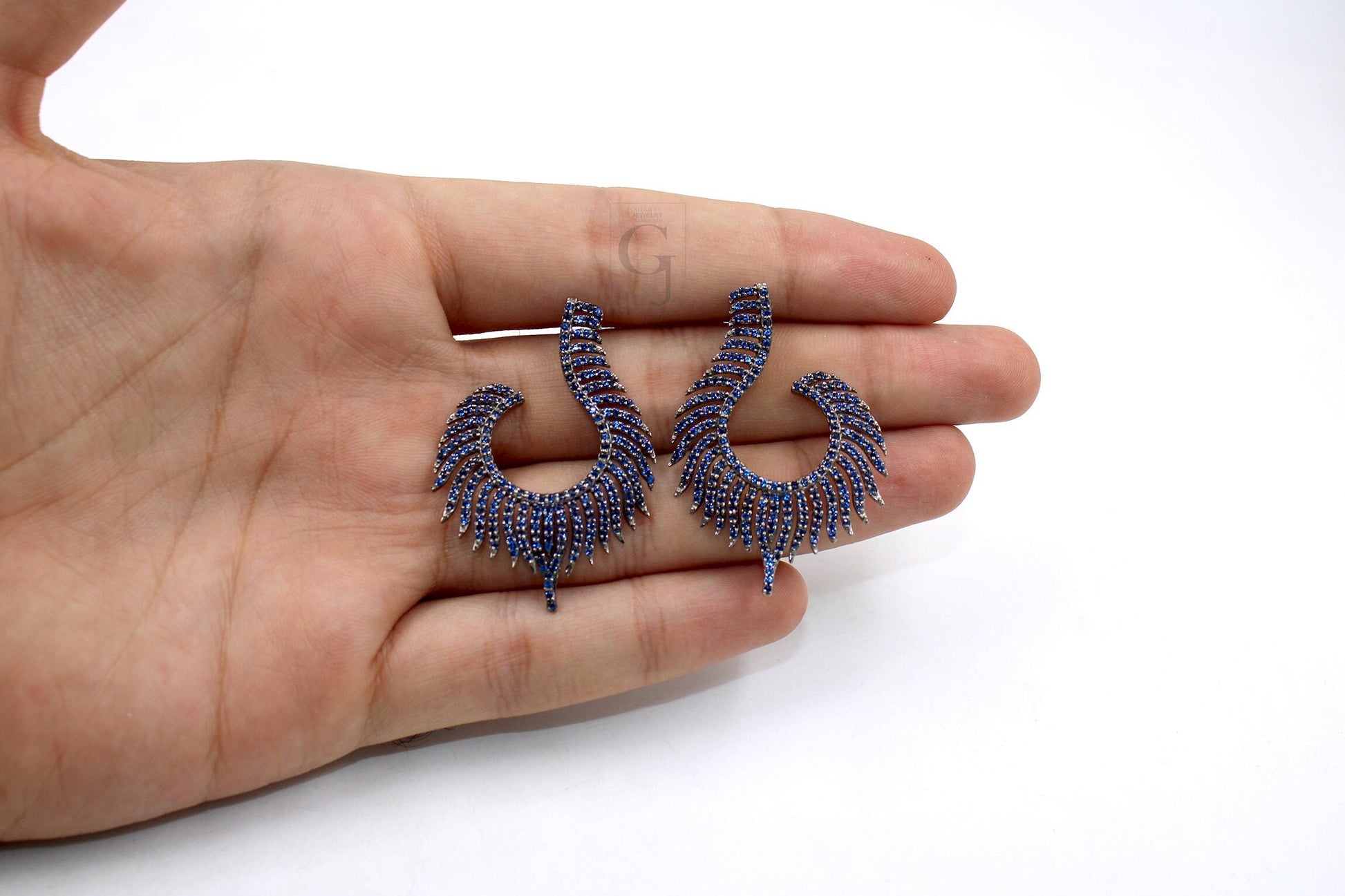 Nature Inspired Peacock Feather Style Rosecut Pave Blue Sapphire Earrings ,Antique Look Sterling Silver Natural Sapphire Beautiful Earrings