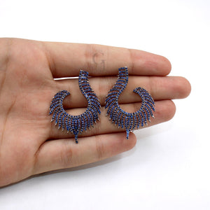 Nature Inspired Peacock Feather Style Rosecut Pave Blue Sapphire Earrings ,Antique Look Sterling Silver Natural Sapphire Beautiful Earrings