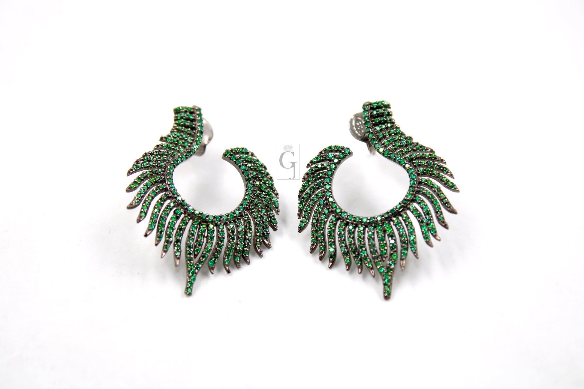 Nature inspired peacock feather style rosecut pave emerald earrings ,antique look sterling silver natural emerald beautiful earrings