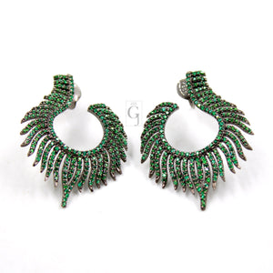 Nature inspired peacock feather style rosecut pave emerald earrings ,antique look sterling silver natural emerald beautiful earrings