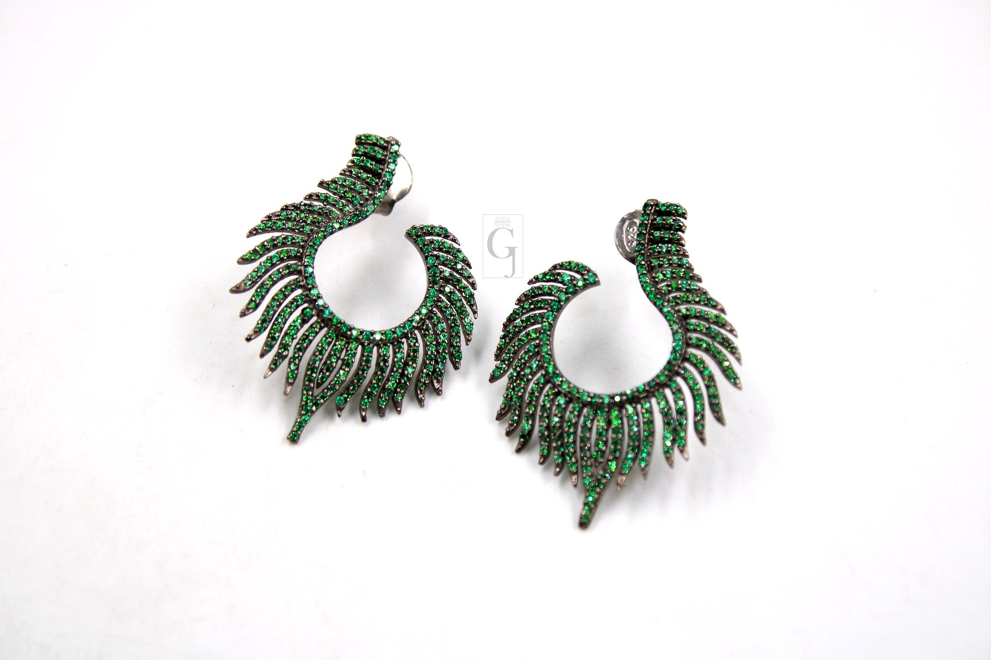 Nature inspired peacock feather style rosecut pave emerald earrings ,antique look sterling silver natural emerald beautiful earrings