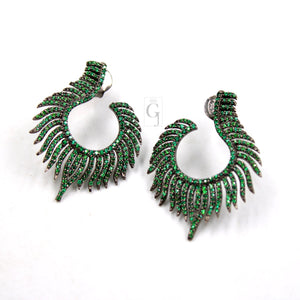 Nature inspired peacock feather style rosecut pave emerald earrings ,antique look sterling silver natural emerald beautiful earrings