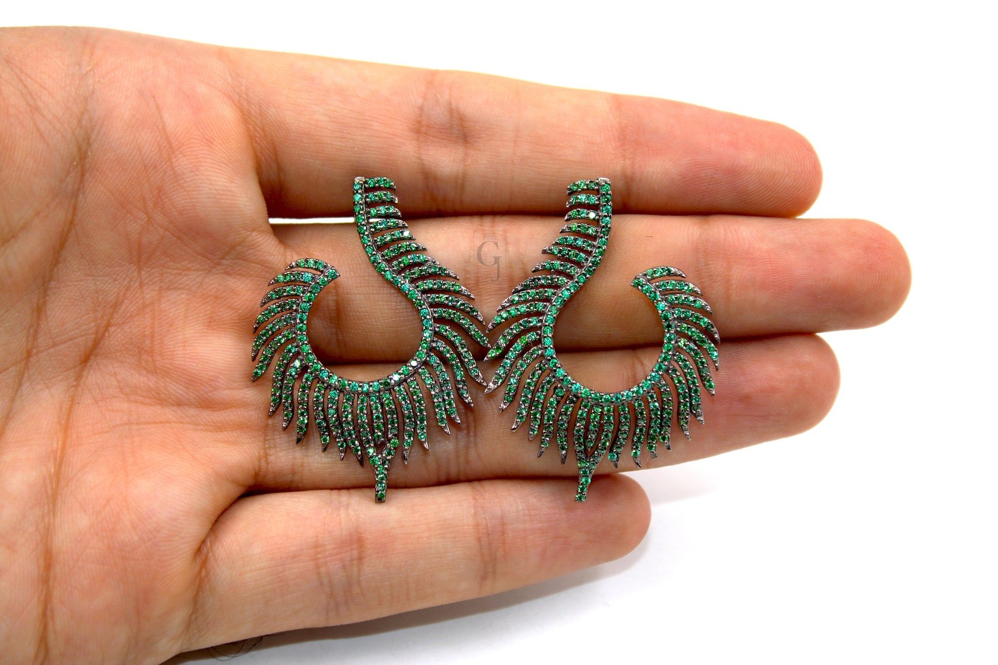 Nature inspired peacock feather style rosecut pave emerald earrings ,antique look sterling silver natural emerald beautiful earrings