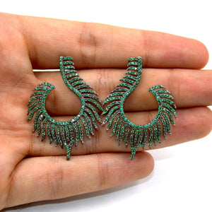 Nature inspired peacock feather style rosecut pave emerald earrings ,antique look sterling silver natural emerald beautiful earrings