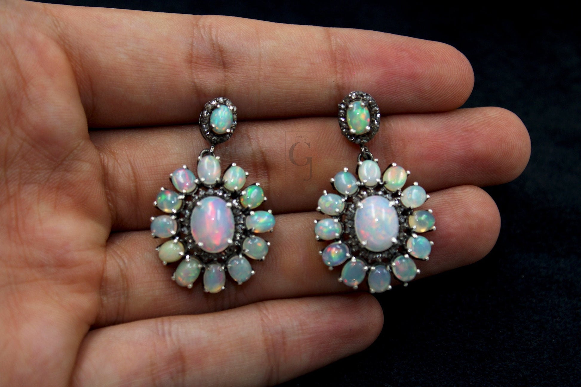 Fashionable Natural Opal Earring Designer Earring Rosecut Pave Diamond Earrings 925 Sterling Silver Handmade Silver Diamond Earring