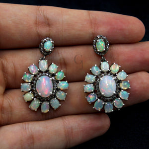 Fashionable Natural Opal Earring Designer Earring Rosecut Pave Diamond Earrings 925 Sterling Silver Handmade Silver Diamond Earring