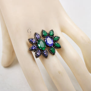 Very Beautiful Emerald And Tanzanite Ring Designer Rosecut Pave Diamond Rings 925 Sterling Silver Handmade Silver Finish Diamond Ring