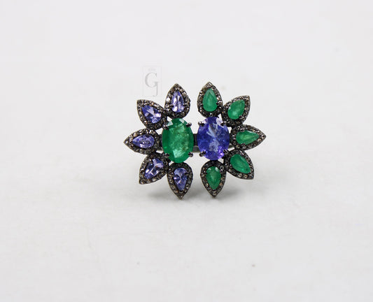 Very Beautiful Emerald And Tanzanite Ring Designer Rosecut Pave Diamond Rings 925 Sterling Silver Handmade Silver Finish Diamond Ring