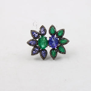 Very Beautiful Emerald And Tanzanite Ring Designer Rosecut Pave Diamond Rings 925 Sterling Silver Handmade Silver Finish Diamond Ring