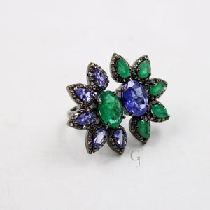 Very Beautiful Emerald And Tanzanite Ring Designer Rosecut Pave Diamond Rings 925 Sterling Silver Handmade Silver Finish Diamond Ring