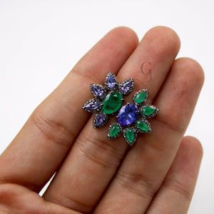 Very Beautiful Emerald And Tanzanite Ring Designer Rosecut Pave Diamond Rings 925 Sterling Silver Handmade Silver Finish Diamond Ring