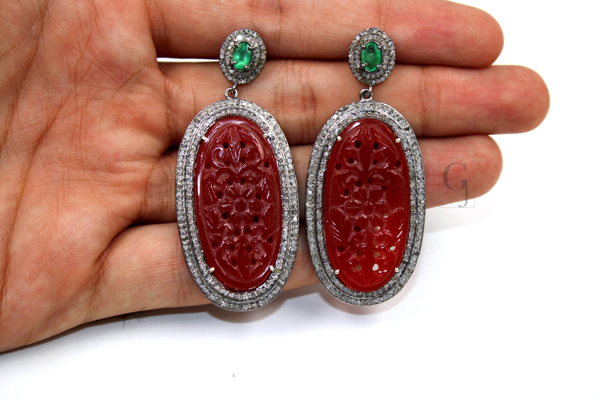 Antique Look Red Onyx Carving Stone Designer Earring Rosecut Pave Diamond Earring Silver Victorian Vintage Antique Look Handmade Earrings