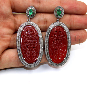 Antique Look Red Onyx Carving Stone Designer Earring Rosecut Pave Diamond Earring Silver Victorian Vintage Antique Look Handmade Earrings