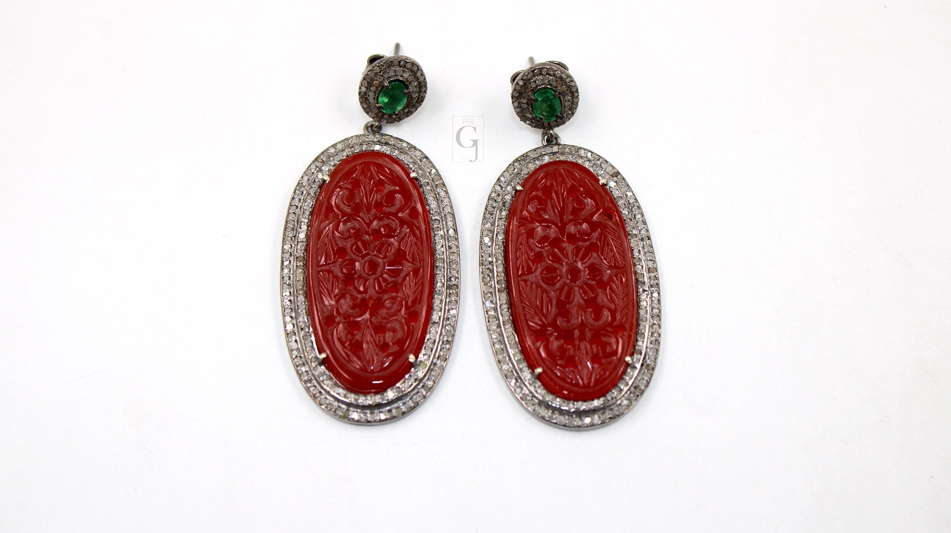 Antique Look Red Onyx Carving Stone Designer Earring Rosecut Pave Diamond Earring Silver Victorian Vintage Antique Look Handmade Earrings