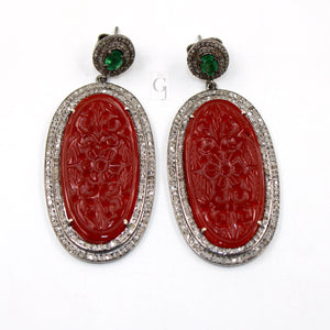 Antique Look Red Onyx Carving Stone Designer Earring Rosecut Pave Diamond Earring Silver Victorian Vintage Antique Look Handmade Earrings