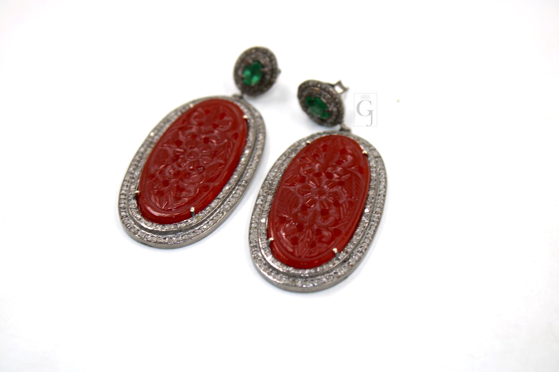 Antique Look Red Onyx Carving Stone Designer Earring Rosecut Pave Diamond Earring Silver Victorian Vintage Antique Look Handmade Earrings