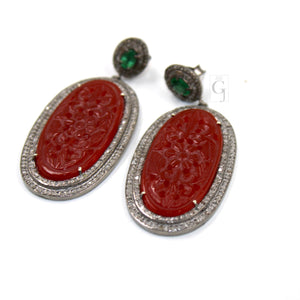 Antique Look Red Onyx Carving Stone Designer Earring Rosecut Pave Diamond Earring Silver Victorian Vintage Antique Look Handmade Earrings