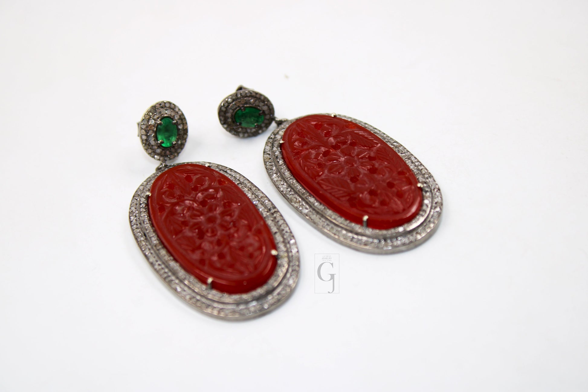 Antique Look Red Onyx Carving Stone Designer Earring Rosecut Pave Diamond Earring Silver Victorian Vintage Antique Look Handmade Earrings