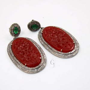 Antique Look Red Onyx Carving Stone Designer Earring Rosecut Pave Diamond Earring Silver Victorian Vintage Antique Look Handmade Earrings