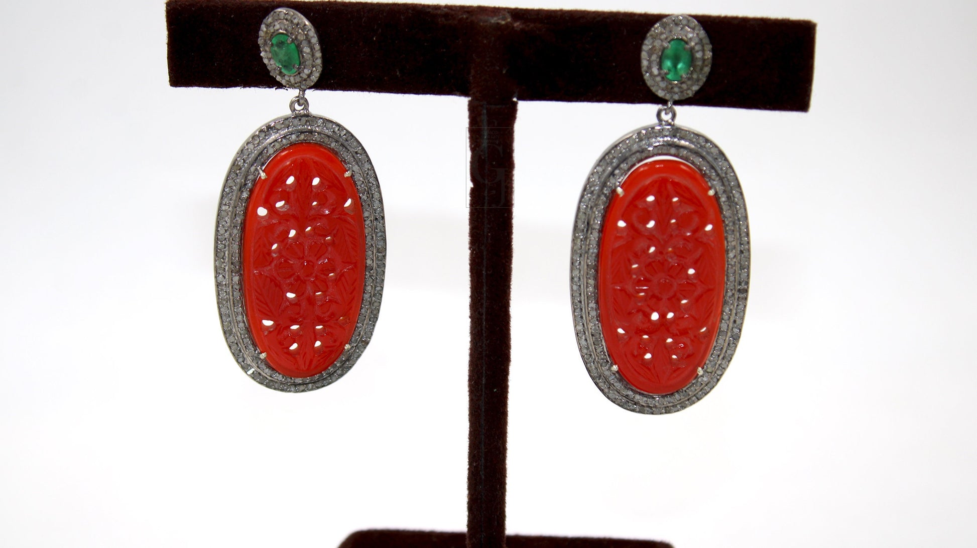 Antique Look Red Onyx Carving Stone Designer Earring Rosecut Pave Diamond Earring Silver Victorian Vintage Antique Look Handmade Earrings